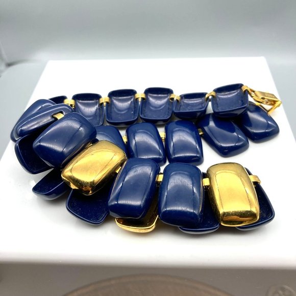Vintage Napier Navy and Gold Necklace, Retro Chunky Book Chain with Blue Enamel - Picture 2 of 4